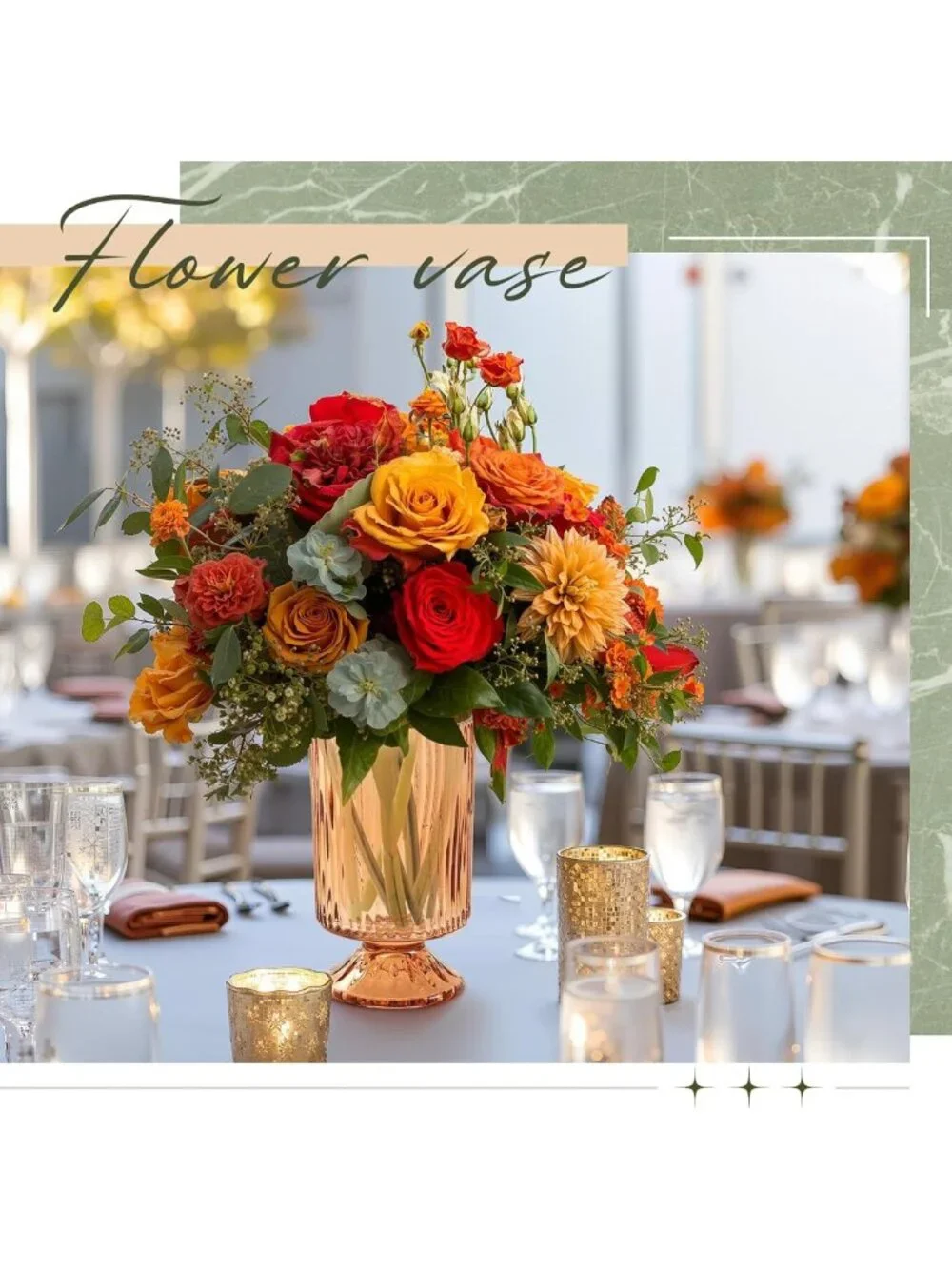 Set of 6 Embossed Flower Vases - 7” Tall Amber Glass Pedestal Decor